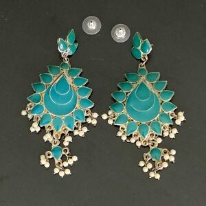 Stunning Traditional Indian Chandbali Earrings - Teal Green & Antique Silver Fin